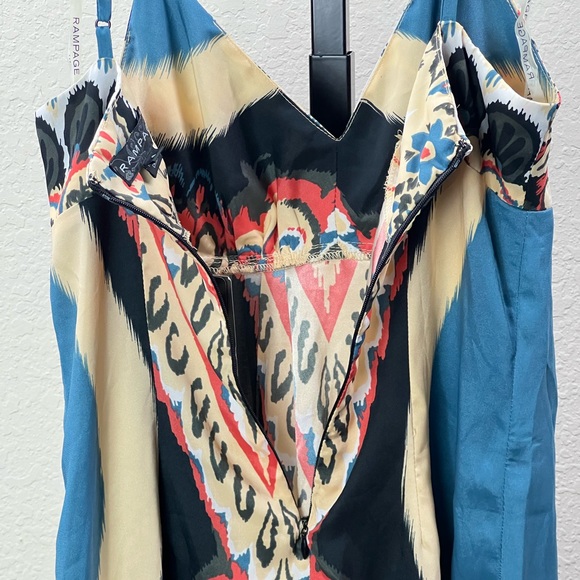 Aztec Floral Print Dress Summer Blue Spaghetti Strap Satin Silk Midi Tribal Gown - Picture 12 of 17